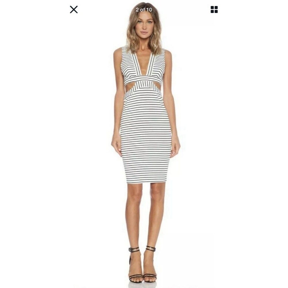 Bec & Bridge Wanderer Dress Size 4 Cut Out Stripe Midi Black White Sleeveless